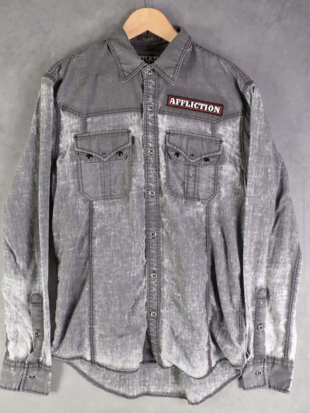 Affliction Shirt Men's Large Gray Graphic Button Up Distressed Long Sleeve Y2K